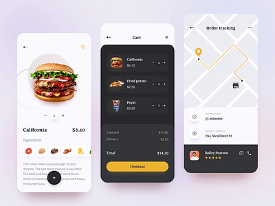 Delivery App animation app burger cart clean dark theme delivery design food food and drink food app ios location mobile order track