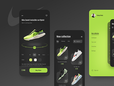 E-commerce App UI air app dark theme e commerce ecommerce green ios mobile nike run shoes shop sport store ui concept