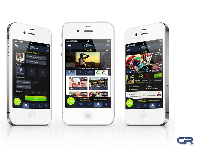 Top Reco' The Fun World Record Mobile Application creative russell top reco neon social media world records upload ios iphone 4s ux ui retro