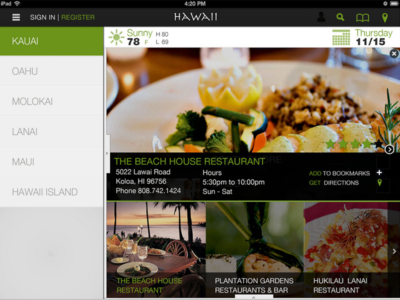 Hawaii Islands Application hawaii travel tablet application ipad food app green white black
