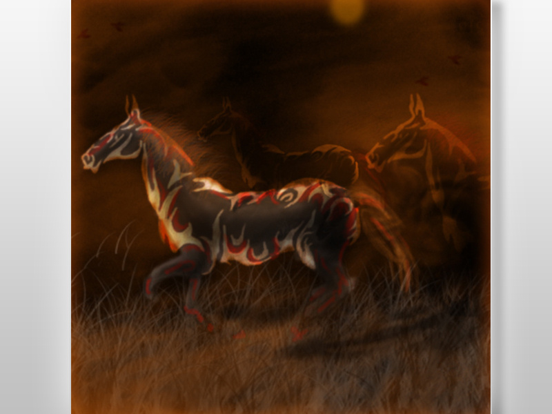 "Tribe of Horses" (Tribal horses) tribe of horses tribal horse animals digital painting night earth tone grass