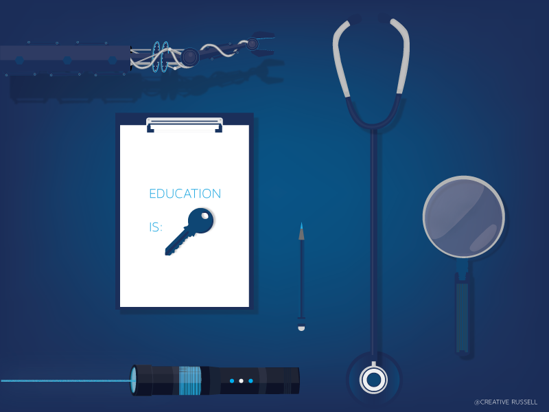 "Education Is Key" Illustration blue neon cyan laser magnifying glass robot arm education key pencil stethoscope clipboard illustration
