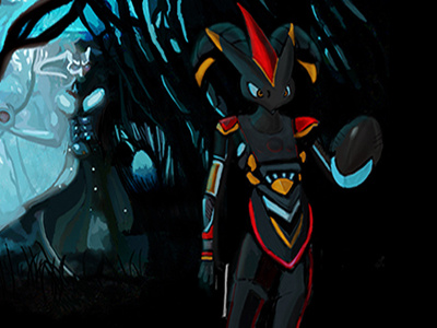 "Digi" The Neon Droid digi digital painting neon droid scizor pokemon forest night primary colors glow horns claws