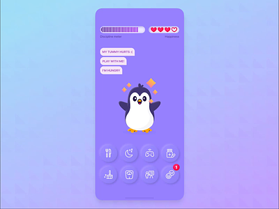 Tamagotchi Concept animal application design figma illustration interface mobile neomorphism penguin pet tamagotchi ui ux vector violet
