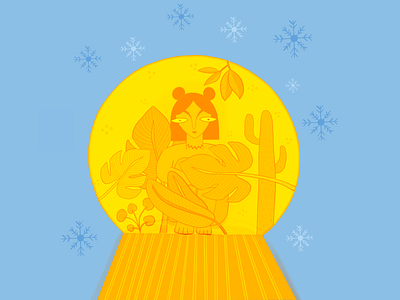 Sun-globe cold girl hot ice illustration jamini roy plants sitting snow snowflake snowglobe sun winter yellow