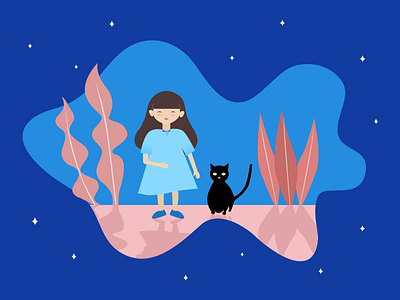 Girl and cat cat characters illustration