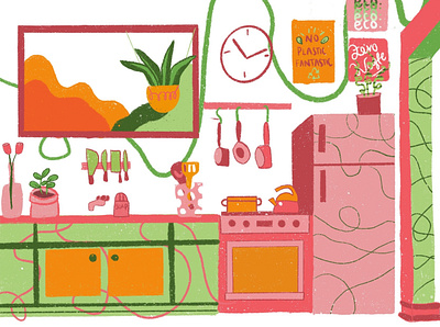 Kitchen fridge illustration kitchen no straws pans plants pots procreate zerowaste