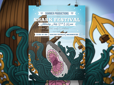 Shark Around Party Flyer advertisement download flyer invitation music festival photoshop template poster psd retro flyer template video games vintage flyer