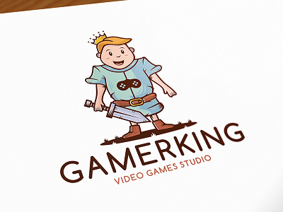 Gamer King Logo Template character design creative design game logo template geek illustrative logotype king knight mascot nerd stock logo sword video games