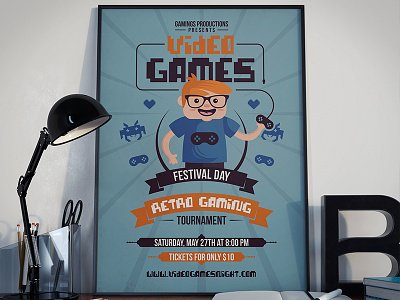 Gaming Party Flyer Template character design event festival flyer template game party gaming poster print template retro stock design video games vintage