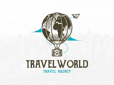 Travel World Agency Logo air balloon around the world brand identity branding creative design freelance logo designer globe hot air ballon illustration locator pin map logo design logo template paper plane stock logo suitcase travel travel agency vintage logotype voyage world