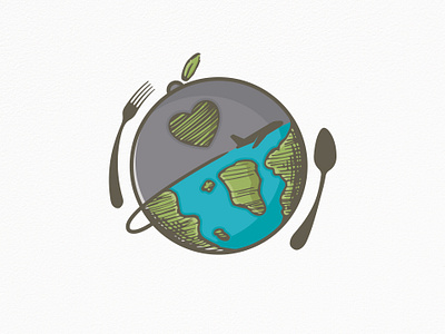 Travel Food Logo (logo for sale) air plane creative design for sale for sale unused buy freelance logo designer hand drawn heart illustration illustrative logotype logo logo design logoground love planet earth restaurant logo stock logo travel agency vector vegan food world