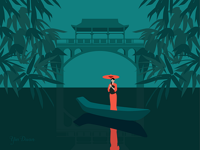 Girl in red adobe illustrator bamboos boat bridge design digital art digital illustration girl graphic design illustration oriental red