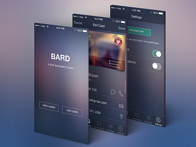 BARD - Your bussiness cards app blur flat green icons interface ios7 mobile modern purple thin ui