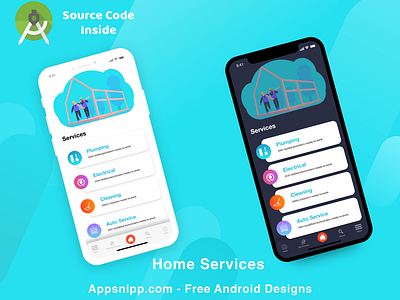 Home Services App with Free Source Code android app android source code app appsnipp dark mode design ios minimal modern ui ux