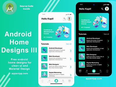 android education app home designs with dark mode