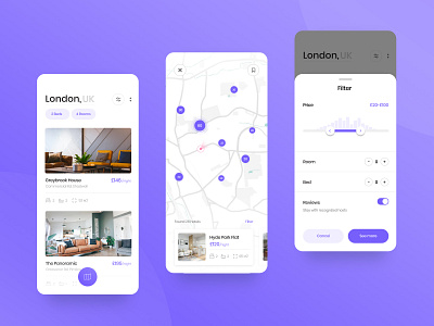 Rent App apartment booking design filter hotel map minimal mobile mobile app pin price real estate rent room search ui