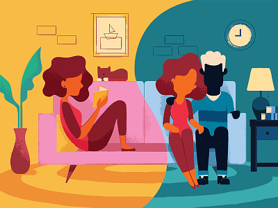 Living Apart, Together. couch couple dating half dating illustration