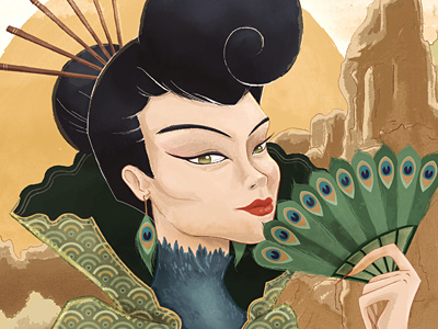 Peacock Woman in Progress asian fan illustration peacock woman