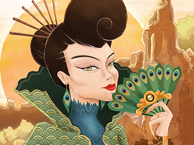 Six of Wands Tarot Card asian character design fan gold illustration peacock six of wands tarot woman