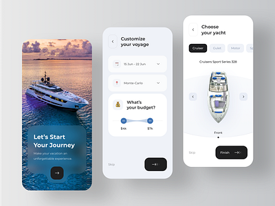 Yacht Searching Service Application - Onboarding blur button design minimal mobile onboarding ui yacht