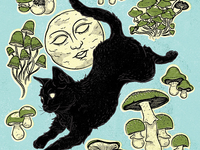 Leaping Cat Poster cat distressedunrest giantrobot illustration moon mushrooms poster texture