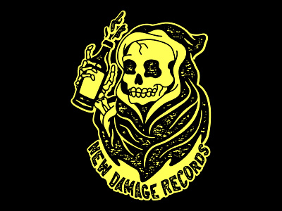 New Damage Reaper Design bottle branding grim reaper illustration merch new damage reaper records skull typography warp yellow