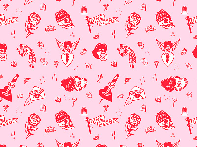 Valentines Day Packaging Pattern angel flag flash gift wrap hearts illustration lips merch pattern pink print repeating rose seamless skulls snake tattoo textile valentines day vector