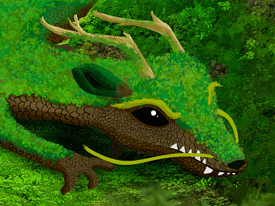 Moss Spirit beast deer digital illustration digital painting dragon fantasy folk lore forest green grown japanese monsters moss moss dragon moss spirit mythical nature spirits yokai