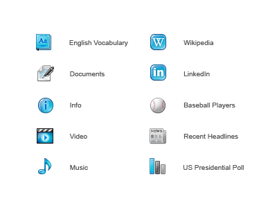 MashLogic aqua baseball book dictionary document icons linkedin music news newspaper statistics video wikipedia