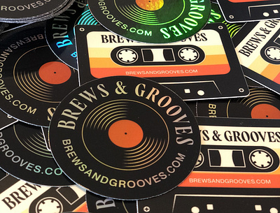 Brews & Grooves Stickers beer stickers branding brews and grooves custom illustration custom logo design fun stickers graphic design illustration music stickers patch product design stickers typography