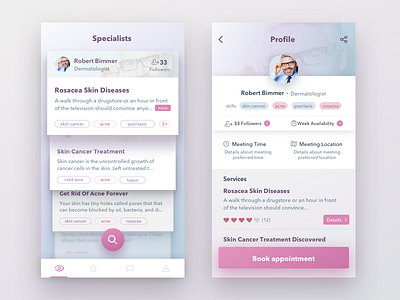 Skin Care Project app app design cards colours ios mobile ui pink ui profiles shadows tags ui user interface