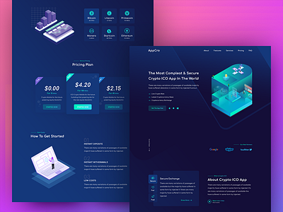 Crypto ICO App Landing Page bitcoin crypto dark illustration isometric landing page purple tech timer ui web