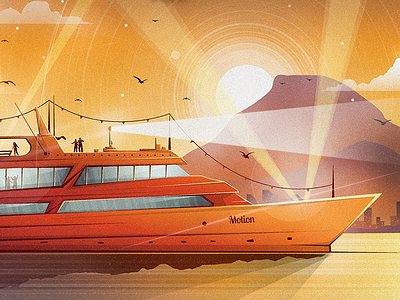 Boat boat illustraor illustration landscape lights mountain orange poster ship vector water windows