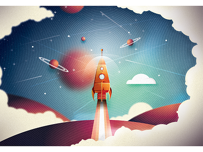Colour rocket clouds design graphic illustration planet poster rocket smoke space stars take off window