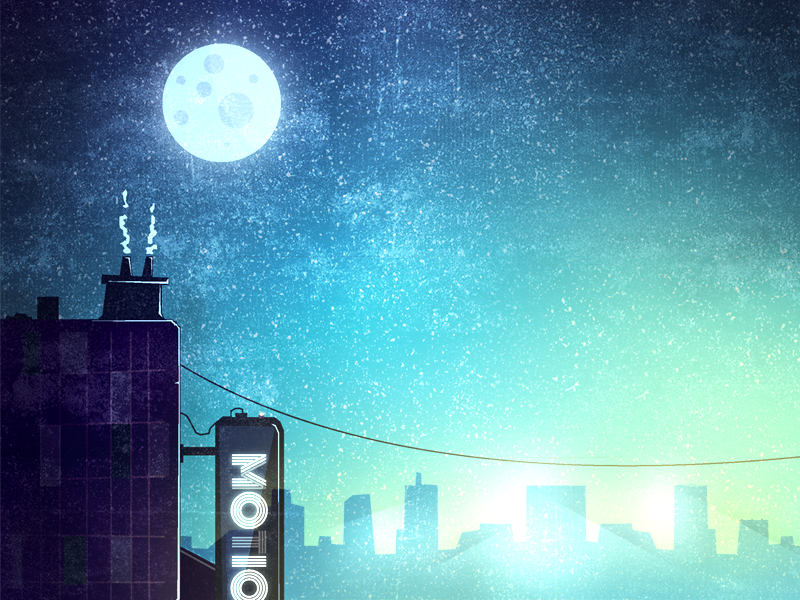 A Moon illustration rocket take off orange space planet smoke clouds buildings scene moon stars