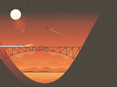 Suns3t bridge illustration landscape moon sunset train