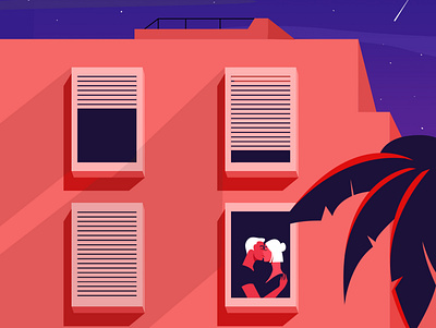 Lovers building charachter color design digitalart illustration lovers night palm pink stars summertime vector window