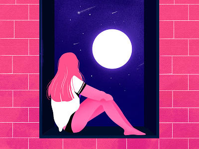 Somewhere Else art artwork charachter character design color design digitalart flat illustration moon moonlight night pink sky stars vector window