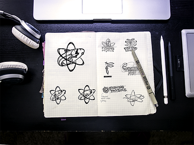 Fishing Physics Logo Sketches atom brand fish identity iterate logotype mark sketchbook sketches