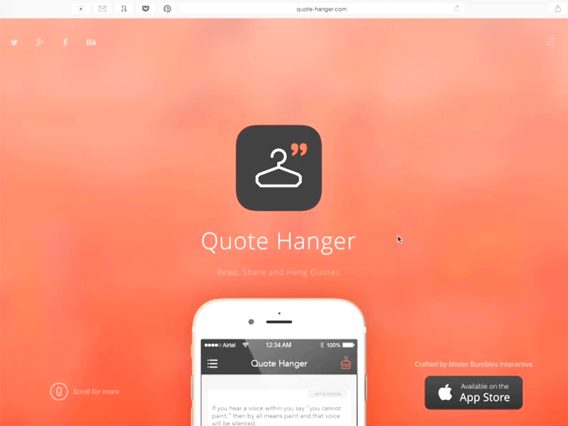 Quote Hanger iPhone App Website animation free ios landing page pink quote quotes ui ux web