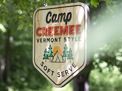 Camp CREEMEE Sign camp cnc handcrafted handmade ice cream logo minnesota outdoor painted sign soft serve sun tent tree vermont wood