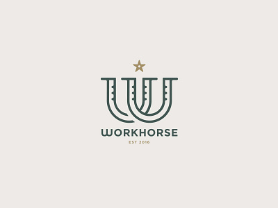 Workhorse Logo gold green horseshoe identity logo spur star type typography w