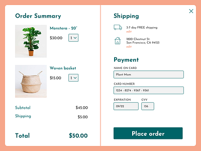 Daily UI #002 Credit Card Checkout checkout checkout form credit card checkout daily ui daily ui 002 design ecommerce order details payment payment form plants shipping user interface