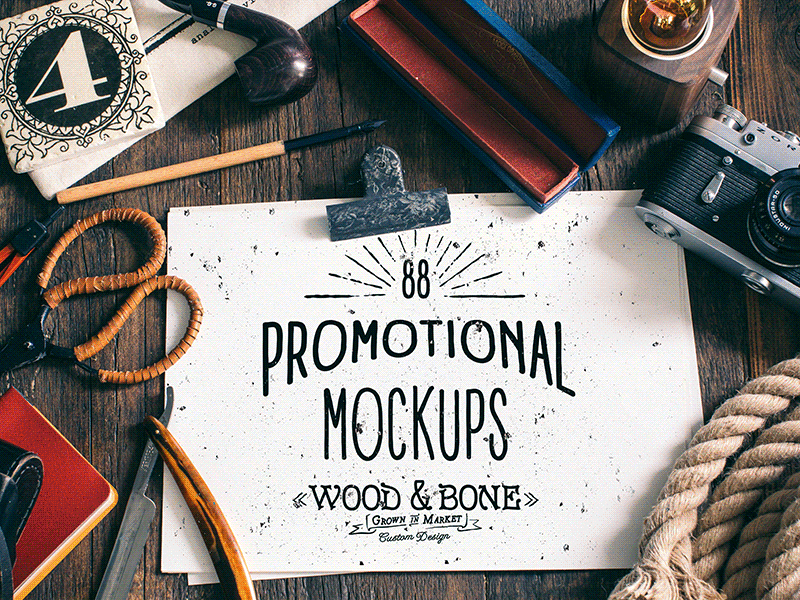"Wood & Bone" mockups font hipster insignia logo mockups objects promo promotional type vintage watercolours wood
