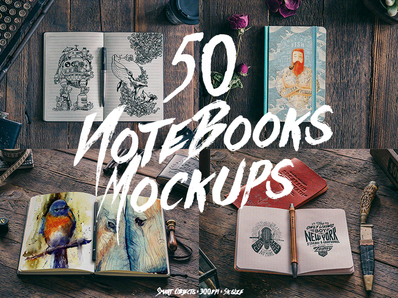 50 Notebooks Mockups art books doodle hip hipster logo mockups notebooks notes presentation wood