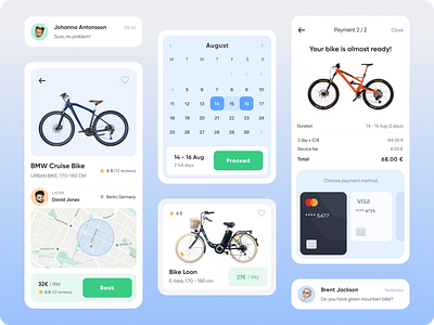 Bike Rental Platform bicycle bike blue book booking booking platform calendar catalog chat cycling green interaction map pale payment platform design price ratings rent schedule