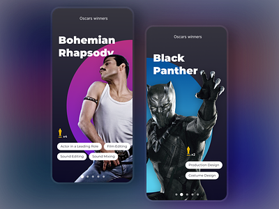 Oscars 2019 Concept UI app award awards black black and blue black panther cinema concept dark film freddie mercury interface marvel movie movies oscars oscars 2019 purple