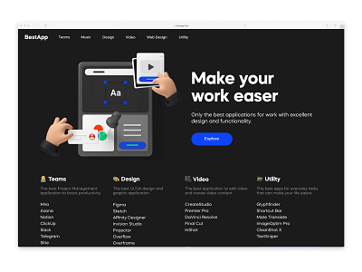 Bestapp.link home page 3d dark hero homepage ui web design website