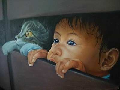 Cat and Boy oil painting